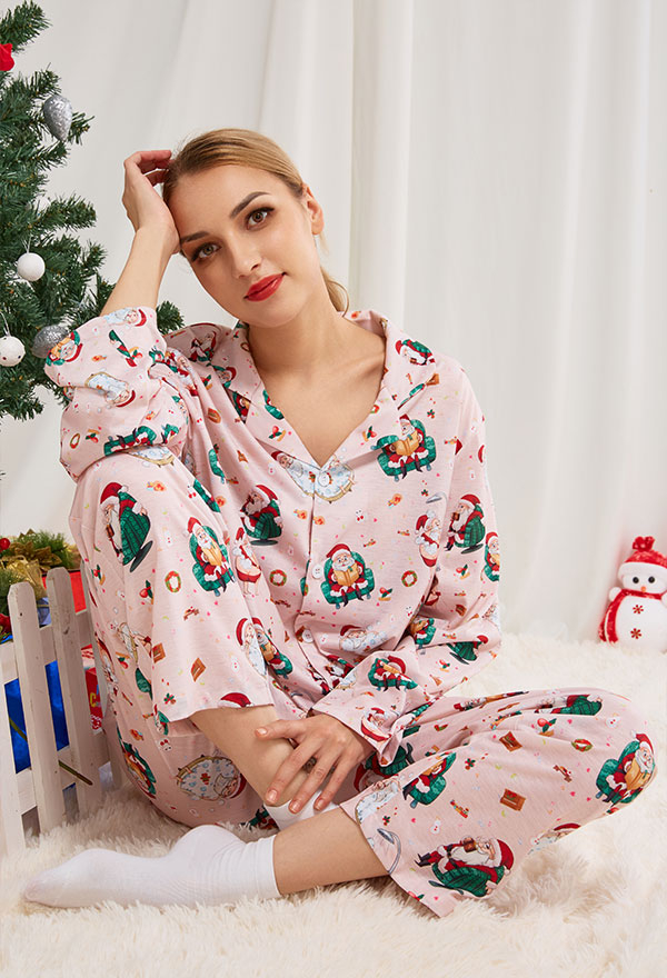 Cartoon Santa Claus Pattern Plain Weave Pajamas Set - Christmas Women  Sleepwear Lounge Sets with Pants