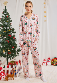 Christmas Women Adults Cartoon Sitting and Bathing Santa Claus Pattern Long Sleeve Plain-Weave Pajamas Set Sleepwear Lounge Sets with Pants Costume 2 Piece Outfits