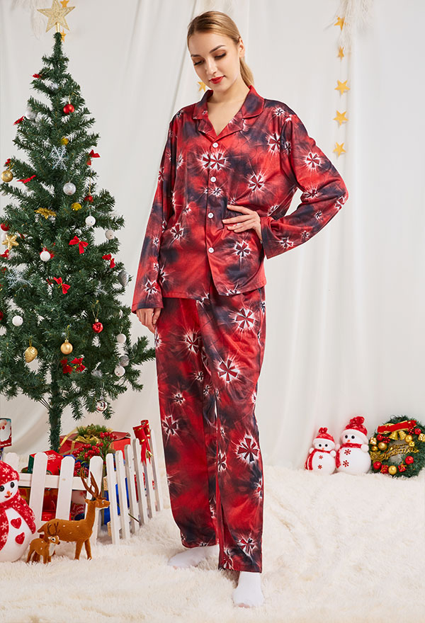 Weihnachten Batik Schneeflocke Pyjama Damen Homewear Lange Arm Pyjama Hosen