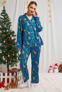 Christmas Women Adults Cartoon Christmas Tree Pattern Long Sleeve Plain-Weave Pajamas Set Sleepwear Lounge Sets with Pants Costume 2 Piece Outfits