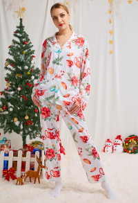 Christmas Women Adults Cartoon Teapot and Flower Pattern Long Sleeve Plain-Weave Pajamas Set Sleepwear Lounge Sets with Pants Costume 2 Piece Outfits