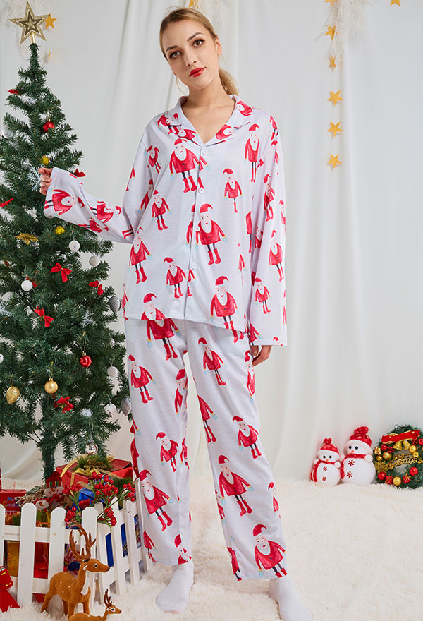 Cartoon Santa Claus Pattern Plain Weave Pajamas Set - Christmas Women  Sleepwear Lounge Sets with Pants