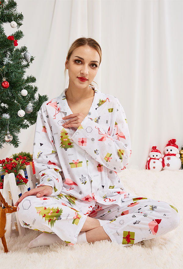 Cartoon Flamingo and Christmas Tree Pattern Plain Weave Pajamas Set -  Christmas Women Sleepwear Lounge Sets with Pants