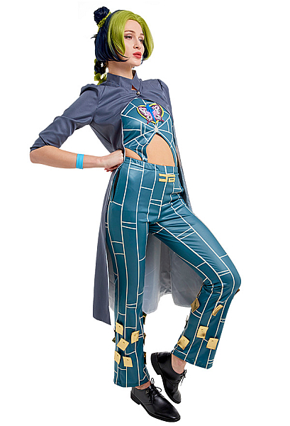 JJBA Stone Ocean Jolyne Cujo Cosplay Costume Printed Top and Pants with Long Coat