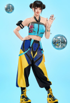 Premium Ver Kpop Slayer Rapper Cosplay Costume Halter Top and Pants with Arm Bag and Rings