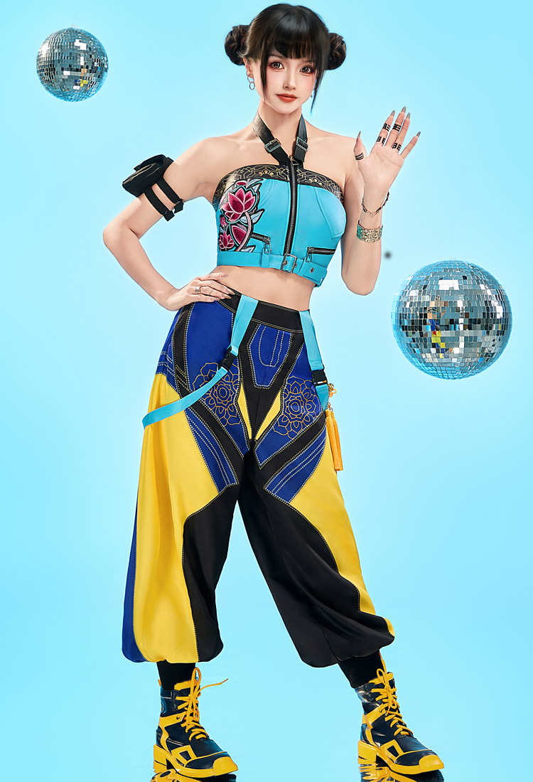 Premium Ver Kpop Slayer Rapper Cosplay Costume Halter Top and Pants with Arm Bag and Rings