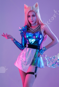 League of Legends LOL Girls New Skin Ahri K/DA ALL OUT Idol Gradient Mixed Royal Blue Color Shiny Symphony Laser Reflective Splicing Leather Cosplay Costume Outfit with Belt and Neck Accessory