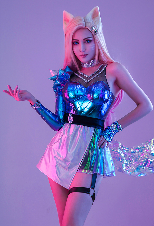 League of Legends LOL Costume de Cosplay K/DA ALL OUT Ahri Set Complet Changeant en PU Laser Réfléchissant