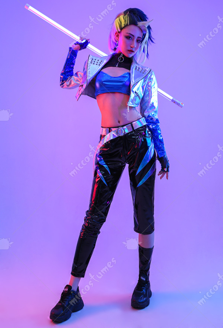 League of Legends LOL Girls Nueva Piel Akali K/DA ALL OUT Idol Gradient Color Plata Mixto Sinfonía Brillante Láser Empalme Reflectante Cuero Cosplay con Pendientes y Estampado Bordado