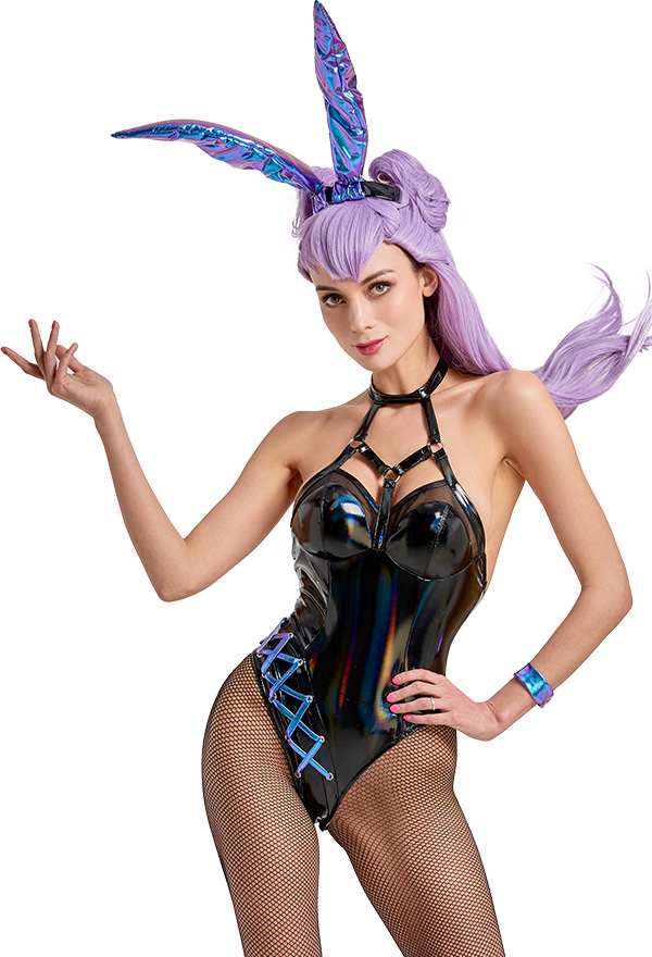 K/DA Evelynn Cosplay Bunny Girl Bodysuit Crisscross Riemchen Kostüm in Schwarz