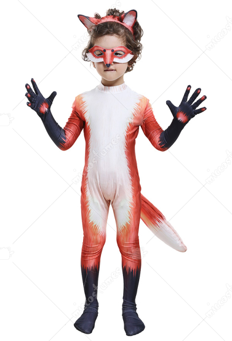 Homemade Kids Cute Fox Jumpsuit Zoo Animal Zentai Suit Costume for Halloween Party with Eye Mask