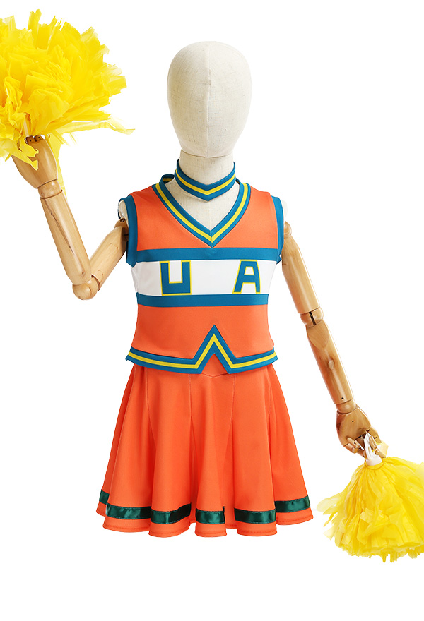 Kids Girls MHA Ochako Tsuyu Cosplay Costume Child Cheerleaders Uniform Dress Full Set with Cheerleading Poms