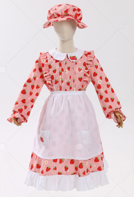 Girls Pioneer Costume for Kids Kawaii Pink Strawberry Colonial Prairie Pioneer Dress with Hat Apron Crinoline