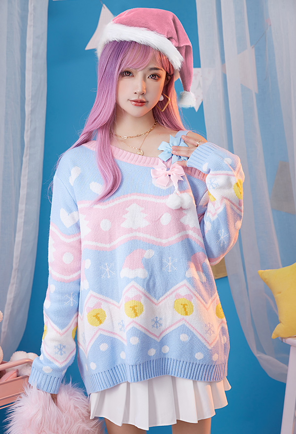 Christmas Loose Knitted Sweater Pink Blue Kawaii Bowknot Off