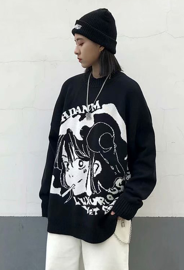 [COSYHARU公式]dope lettering knit long-sleeved Gothic Style Knitwear - Long Sleeve Pullover Jumper Loose
