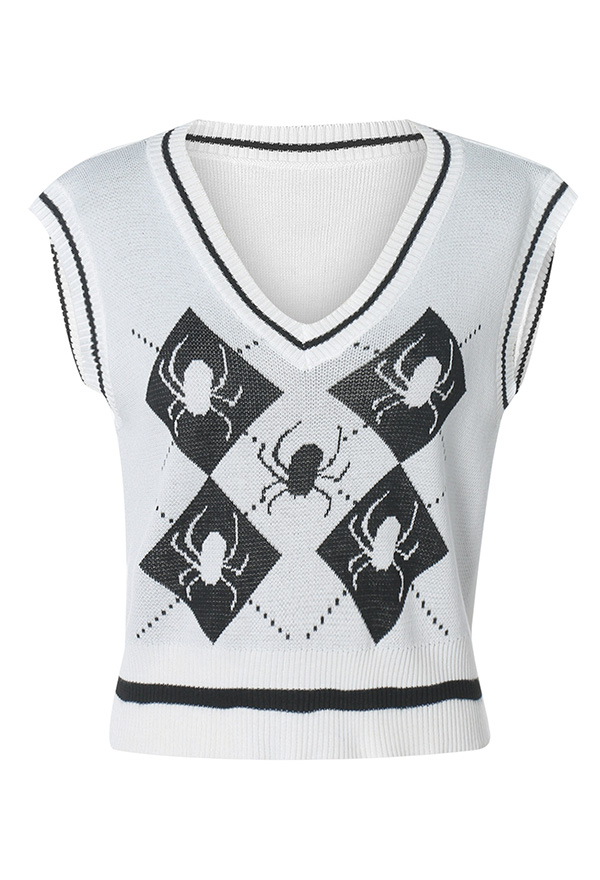 Halloween Women Sweater Vest V Neck Knitwear Spider Pattern Knitted Sweater Vest Outwear