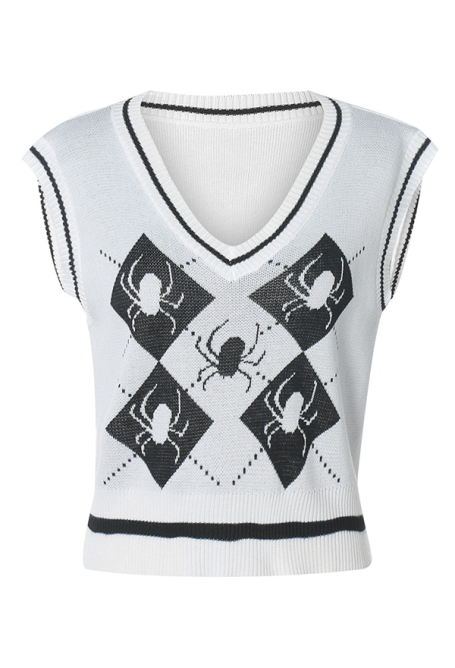 Halloween Women Sweater Vest V Neck Knitwear Spider Pattern Knitted Sweater Vest Outwear