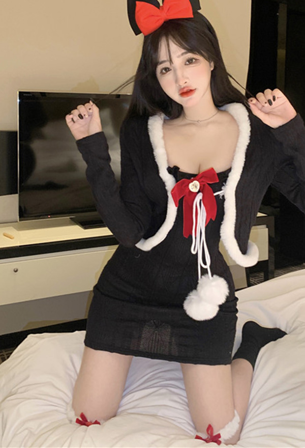 Christmas Sexy Bowknot Spaghetti Straps Mini Bodycon Knitted Dress with Furry Lace-up Knitted Jacket with Stockings Clubwear