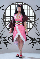 KNY Demon Fighter Red Bean The Chosen Demon Full Demon Form Cosplay Costume Kimono Conjunto con Pegatina de Tatuaje