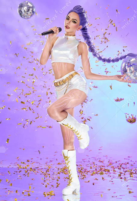 Kpop Slayers Leader Vocal Stage Cosplay Costume White Outfits High-Neck Crop Top and Shorts with Belt and Earrings