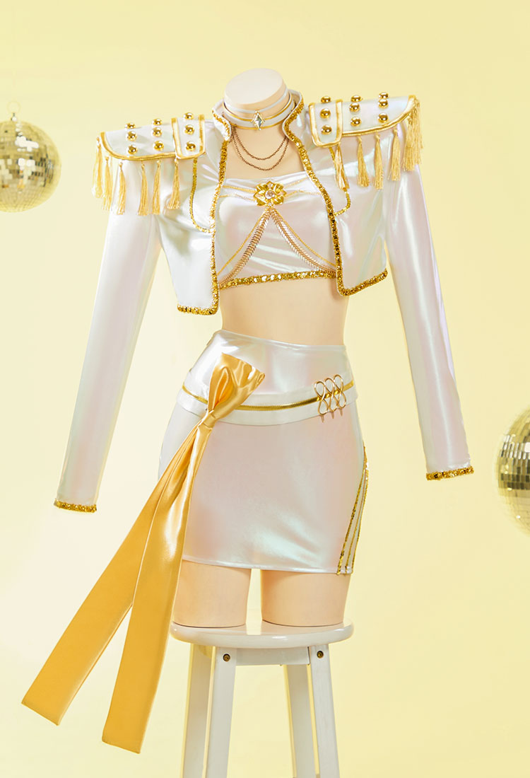 Kpop Slayers Main Dancer Cosplay Costume White Stage Outfit with Tube Top and Skort with Jacket and Belt