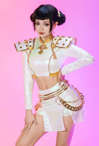 Kpop Slayers Rapper Cosplay Costume White Stage Outfit Top and Culottes with Shoulder Armor