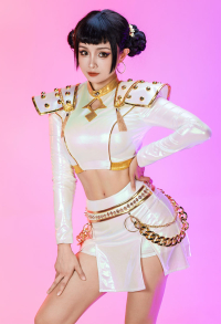 Kpop Slayers Rapper Cosplay Costume White Stage Outfit Top and Culottes with Shoulder Armor