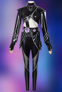 Kpop Slayers Leader Vocal Cosplay Costume Black Battle Outfit Leather Jacket and Leather Pants with Waist Belt