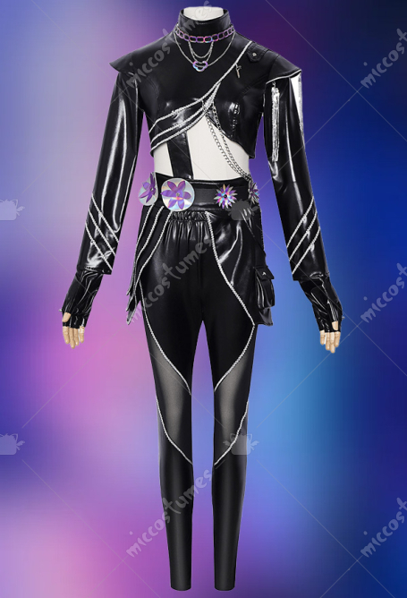 Kpop Slayers Leader Vocal Cosplay Costume Black Battle Outfit Leather Jacket and Leather Pants with Waist Belt