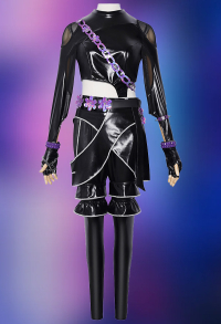 Kpop Slayers Black Hair Lead Rapper Cosplay Costume Black Battle Outfit Leather Jacket and Leather Pants with Leather Skirt and Belt