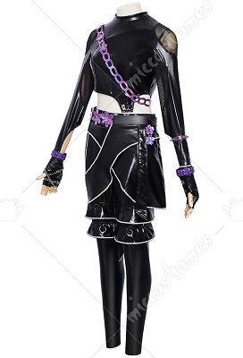 Kpop Slayers Black Hair Lead Rapper Cosplay Costume Black Battle Outfit Leather Jacket and Leather Pants with Leather Skirt and Belt view 2
