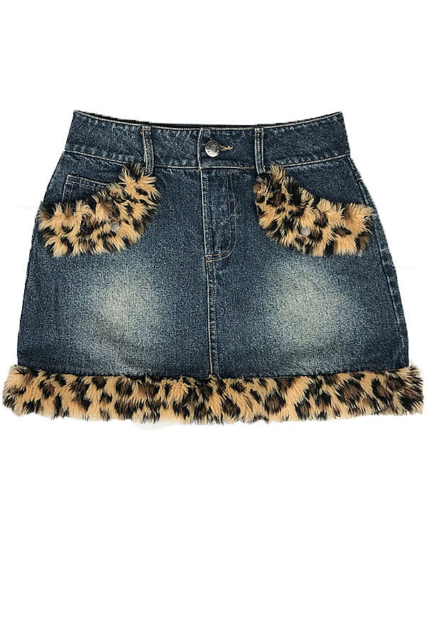 Leopard Pattern Spliced Denim Skirt - Woman Cute Furry Decorated