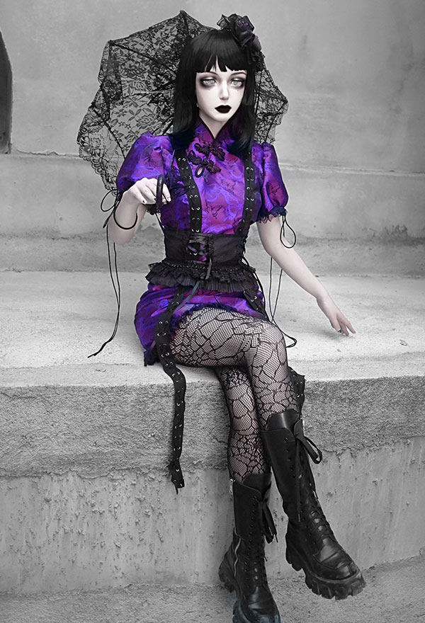 fitted lace wedding dress Gothic Black and Purple Lace Wedding Dress with Keyhole Back