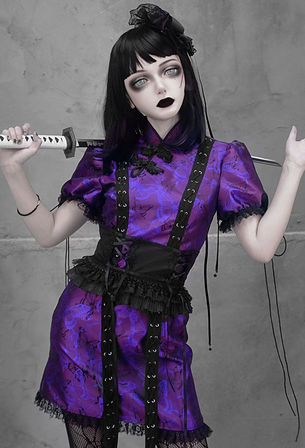 Woman Gothic Purple Butterfly Pattern Cheongsam Style Belt Lace Decorated Short Sleeved Dress Cosplay Costume Outfit