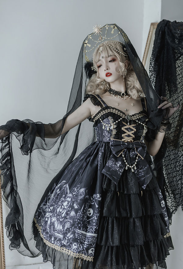 Dreamy Show Dragon Control Witch Gothique Noir Blanc Dentelle Bretelles Sans Manches jsk Lolita Robe Tenue avec Arc Accessoire