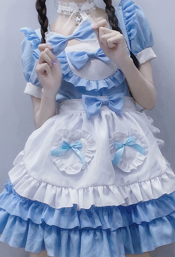 Cute Maid Dress Bubble Ruffles Bow Decorated Uniform Lolita Dress Cosplay Costume