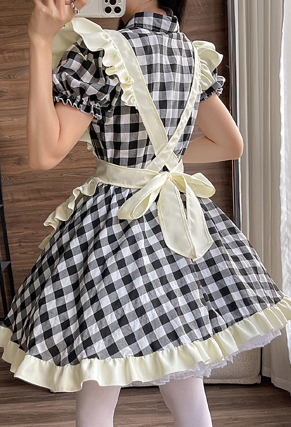 Kawaii Maid Costume de Cosplay Lolita Style Robe à Carreaux Noire