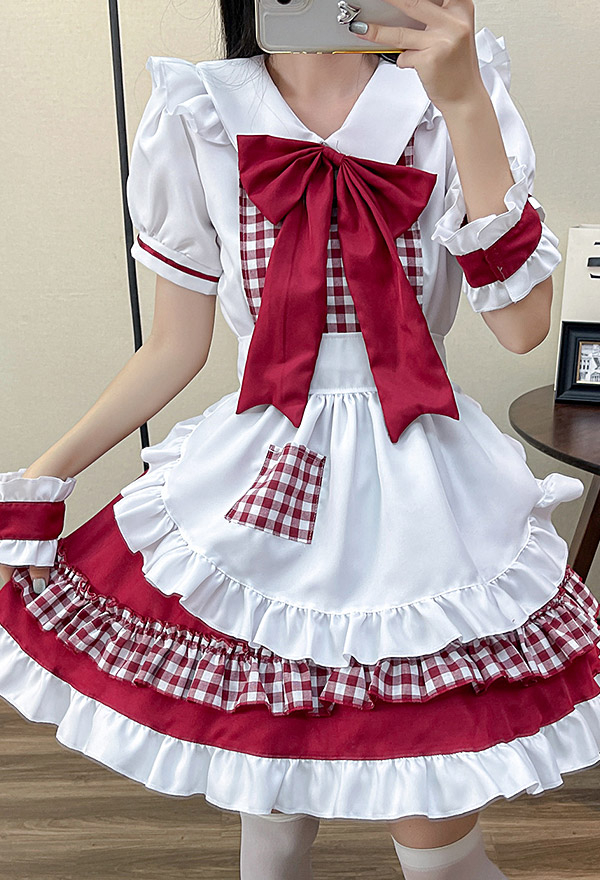 Kawaii Maid Costume de Cosplay Lolita Style Robe Rouge et Blanche