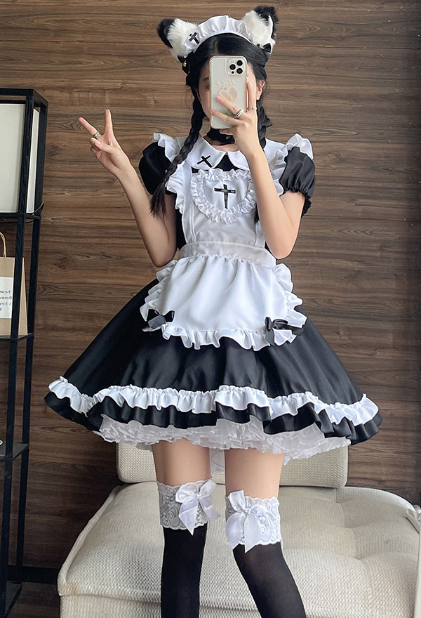 Kawaii Maid Outfit Kleid mit Rüschenschleife und Schürze mit Kopfschmuck und Halsband