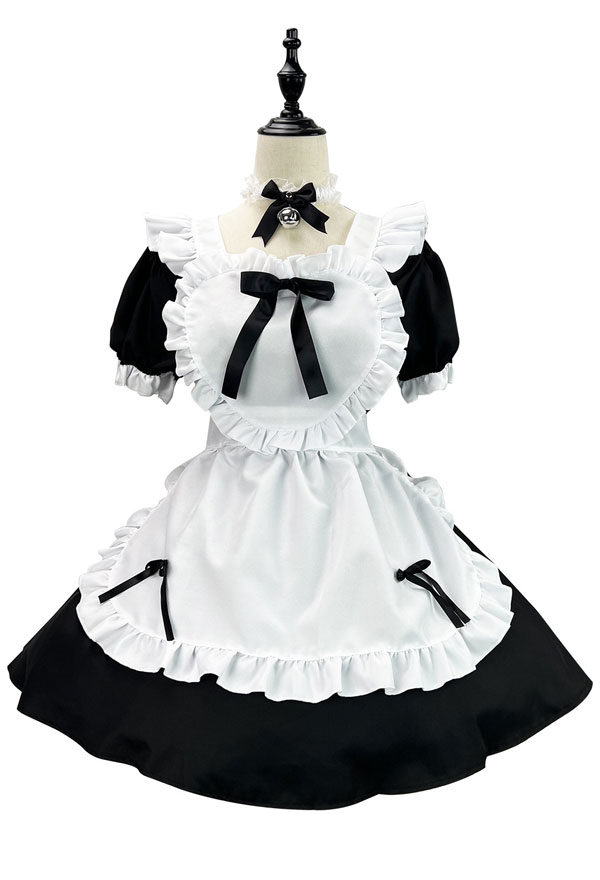 Übergröße Kawaii Maid Outfit Rüschen Schleife Schwarzes Kleid und Schürze mit Kopfschmuck und Halsband