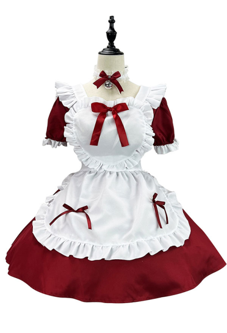 Christmas Kawaii Maid Outfit Ruffle Bow Decorated Dress and Apron with Headdress and Choker
