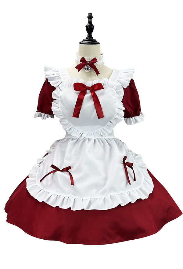 Weihnachten Kawaii Maid Outfit Ruffle Bow Kleid und Schürze mit Kopfschmuck und Choker