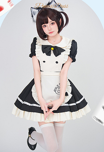 short maid dress Halloween Lolita Apron OP Includes a matching gloves Navy Blue and White Maid