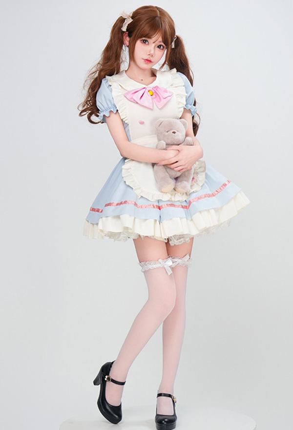 1/3 Delusion Kawaii Cute Alice Maid Outfit Blue Lolita Dress and Apron Bowknot Cosplay Costume