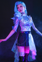 League of Legends LOL Girls New Skin Seraphine K/DA ALL OUT Superstar Idol Gradient Mixed Blue Color Shiny Symphony Laser Reflective Leather Cosplay Costume Full Set with Hair Clip and Arm Accessory