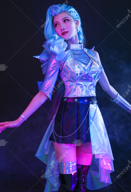 League of Legends LOL Girls New Skin Seraphine K/DA ALL OUT Superstar Idol Gradient Mixed Blue Color Shiny Symphony Laser Reflective Leather Cosplay Costume Full Set with Hair Clip and Arm Accessory