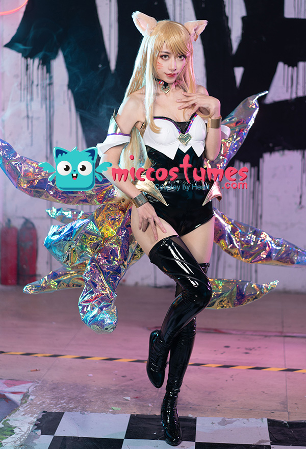 League of Legends KDA Pop Star Girls Ahri Cosplay Costume Bodysuit with Fox Ears