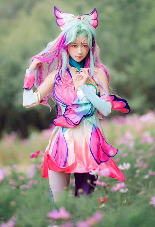 LOL Seraphine Faerie Court Skins Cosplay Costume Dress and Leggings with Wings and Earrings