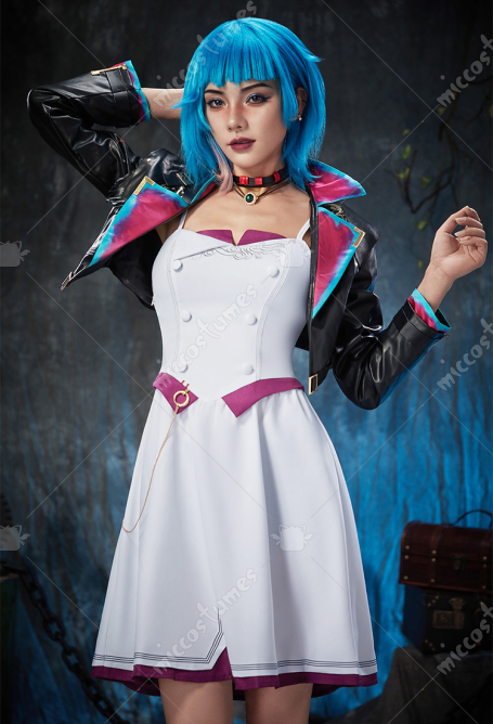 Arcane LOL Universe Jinx Cosplay Costume White Dress with Jacket Necklace