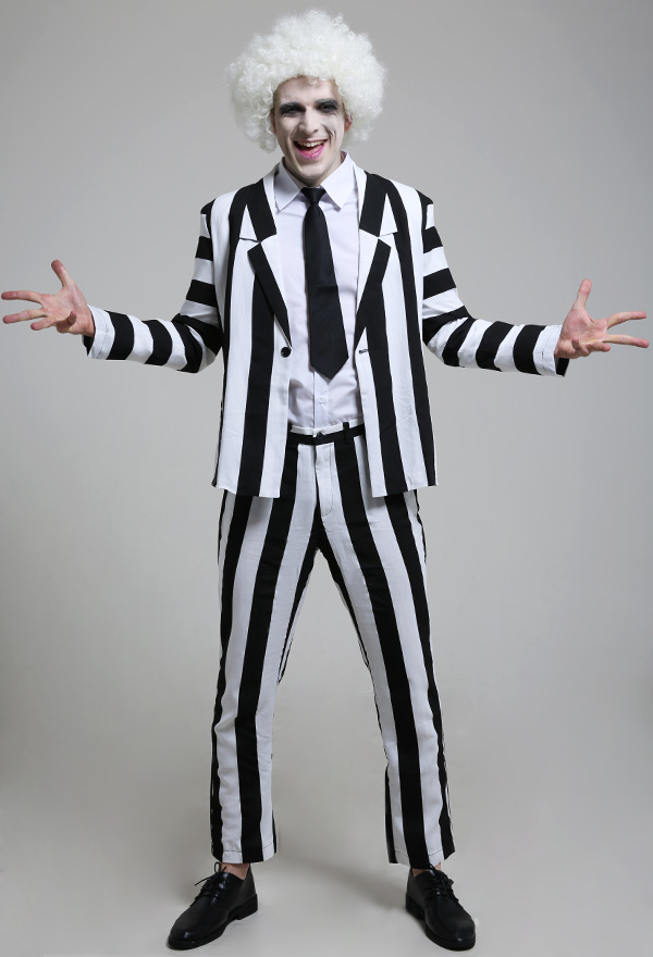 Male Black and White Vertical Stripes Jacket Suit Costume with Tie